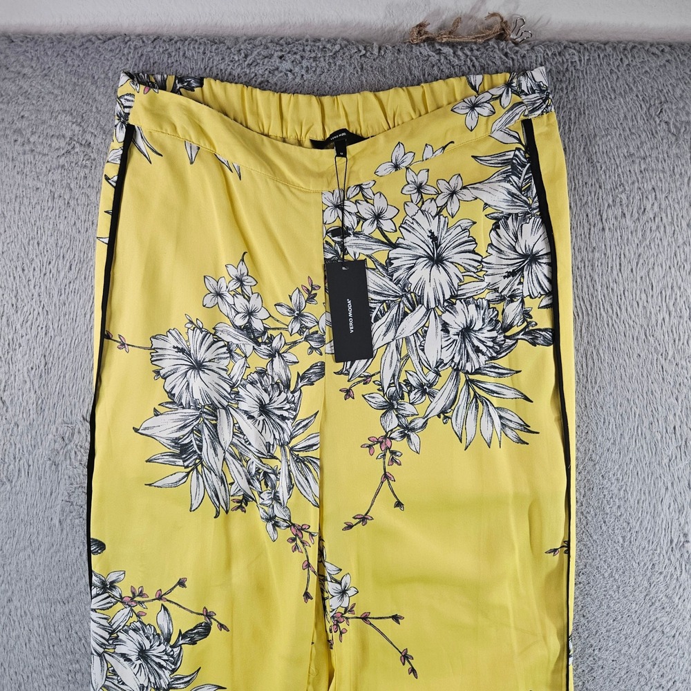 Vero Moda VMSatina Pants Yellow Floral Wide Leg Side Stripe New Size M‎ - Picture 2 of 15